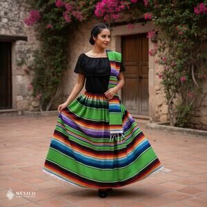 Traditional Mexican Sarape Dress Set, 3 Piece Outfit with Blouse, Skirt & Rebozo